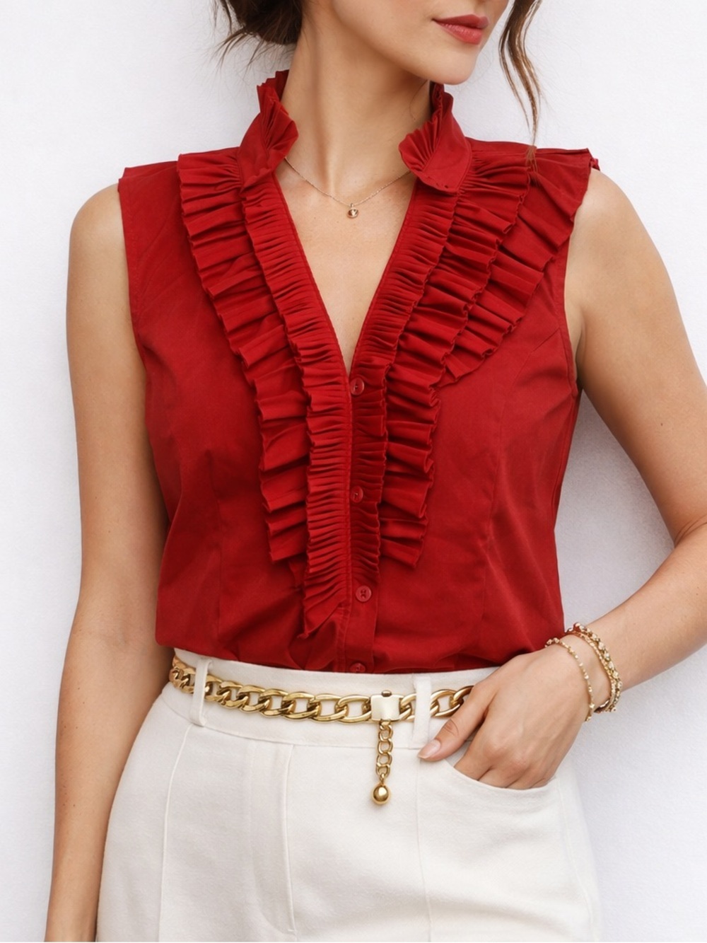 Tribal Cotton Ruffle Sleeveless Top Collared V-neck Feminine Event Holiday Red 8